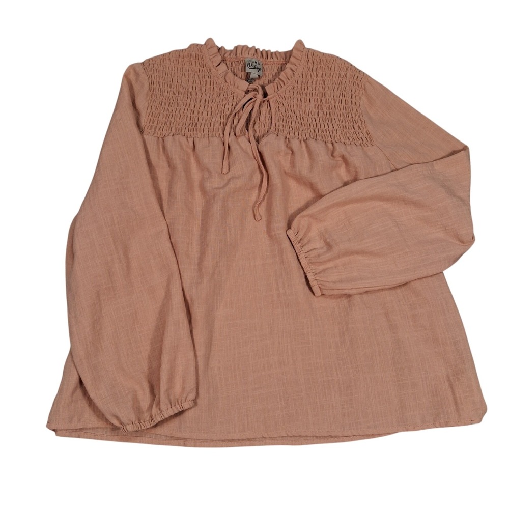 Como Vintage Blouse Womens 3X Pink Smocked Tie Neck Long‎ Sleeve M2U084TSC